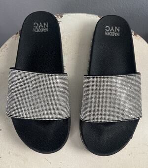 Madden NYC Black & Silver Rhinestone Bling Slide Sandals Women's Size 10
